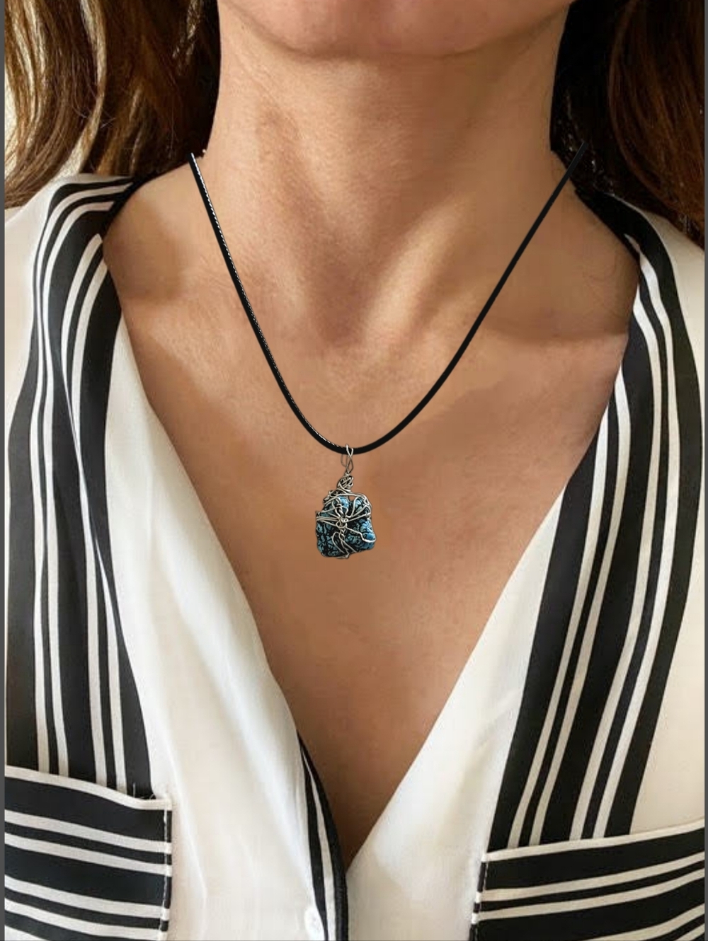Genuine Blue & Black Gemstone Pendant with Black Cord Necklace NWOT